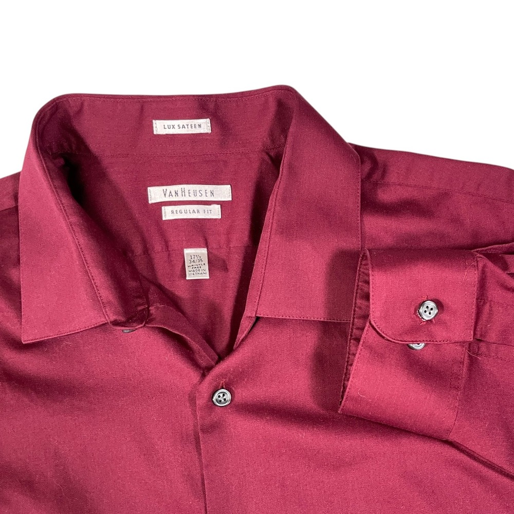 Van Heusen 17.5 34/35 Burgundy Dress Shirt Lux Sateen Wrinkle Free Dark Academia